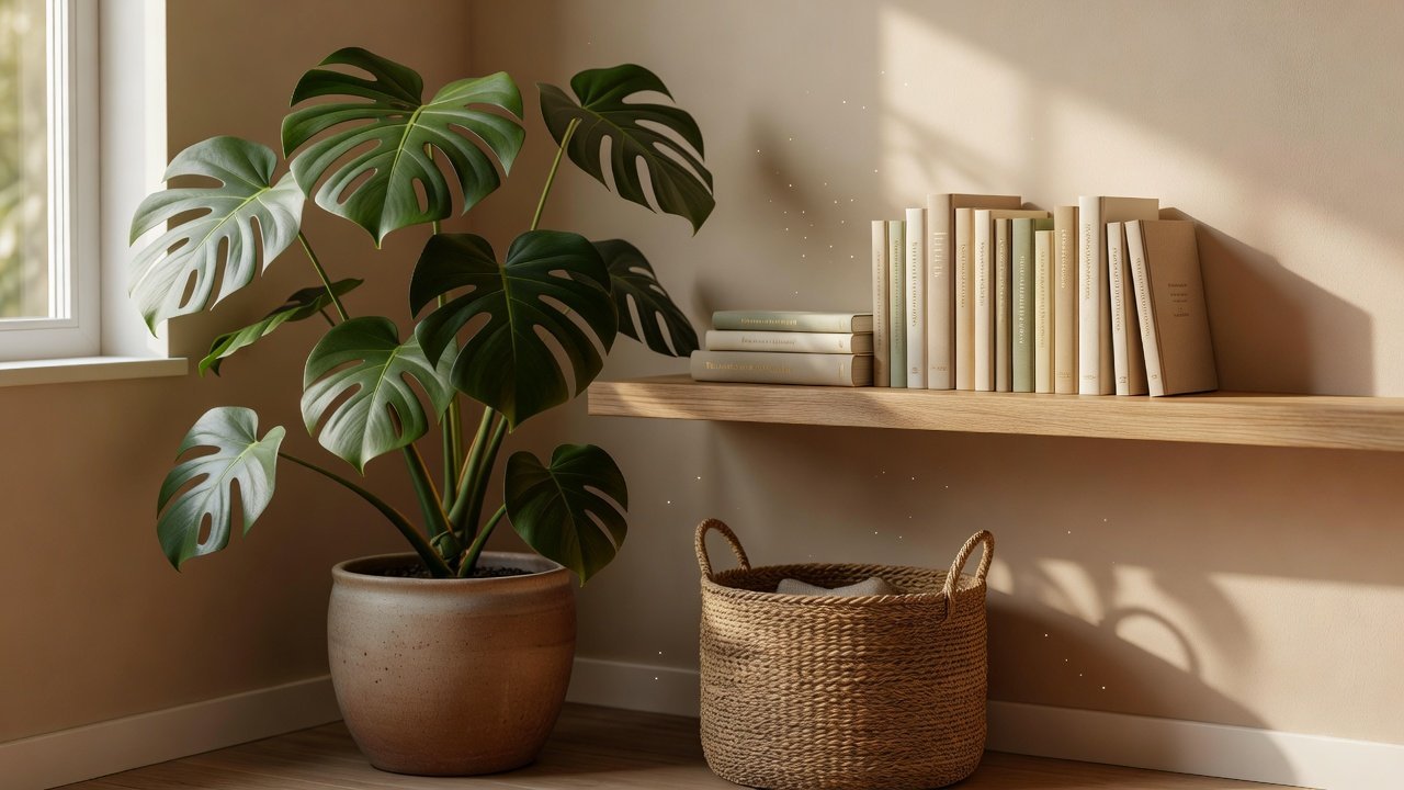Monstera bitkisi ve seramik saksı ile sıcak minimalist dekorasyon