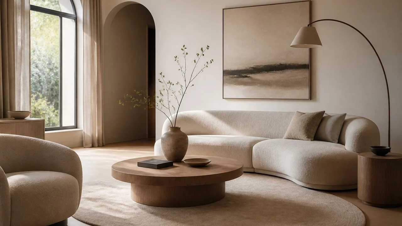 Kavisli koltuk ve yuvarlak sehpayla yumuşatılmış modern salon