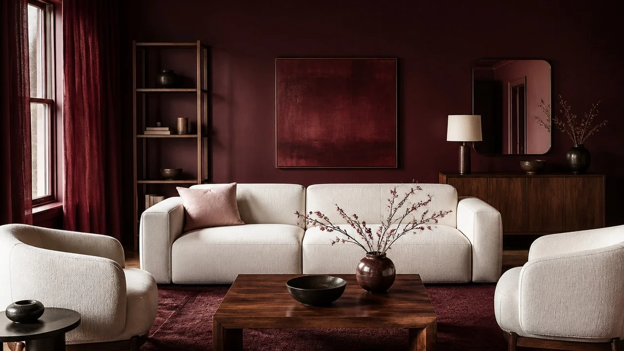 Bordo duvarlarla açık renk mobilyaların dengelendiği salon