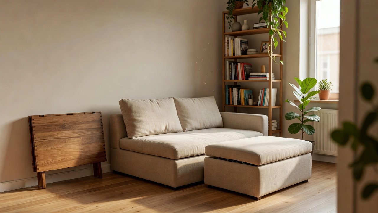 Depolamalı pufları ve katlanabilir masası olan küçük stüdyo köşesi