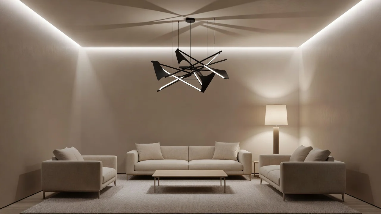 Sarkıt lamba ve lambaderli modern salon aydınlatması