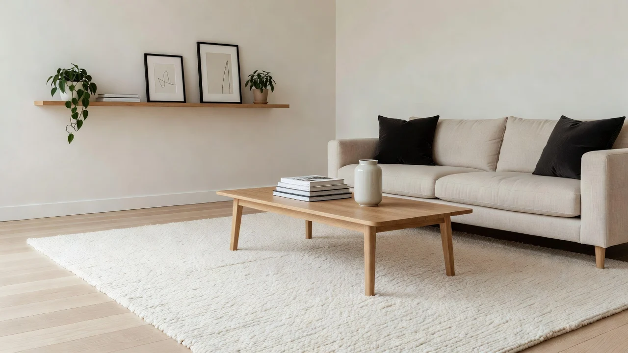 Krem halı ve alçak ahşap sehpalı modern salon
