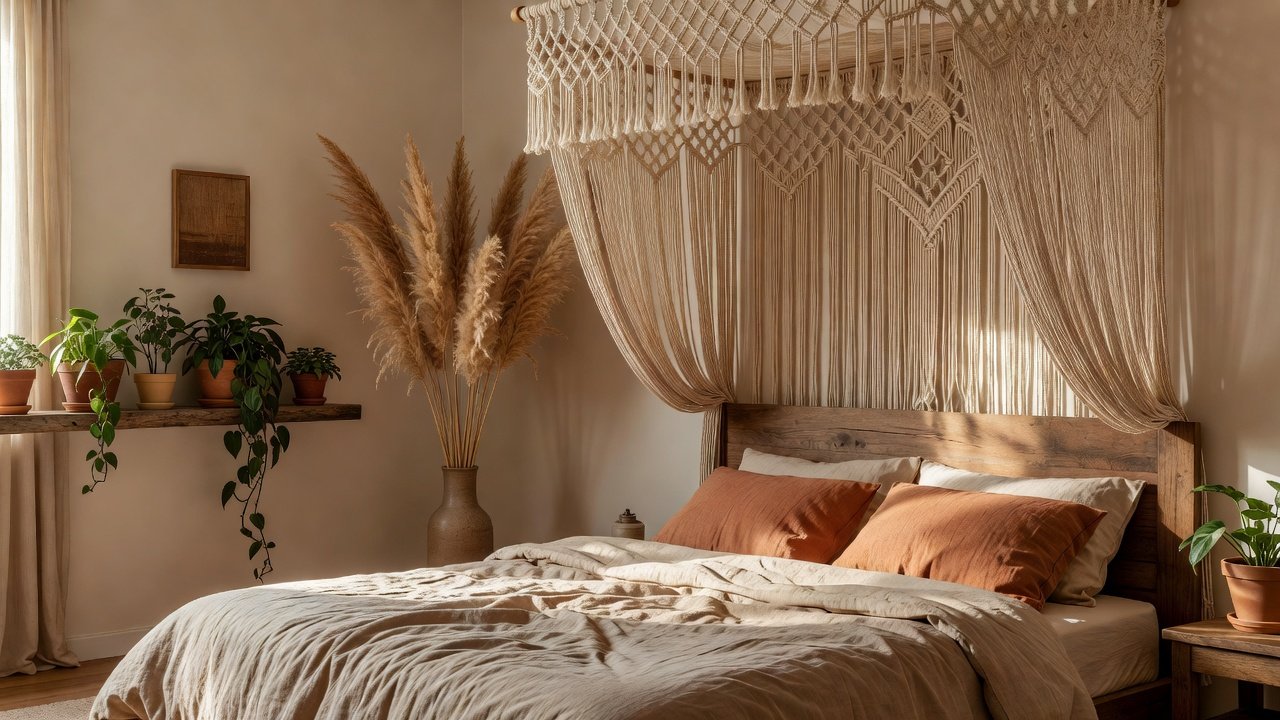 Makrome tavan süsü ve keten yatak örtüsü olan boho yatak odası