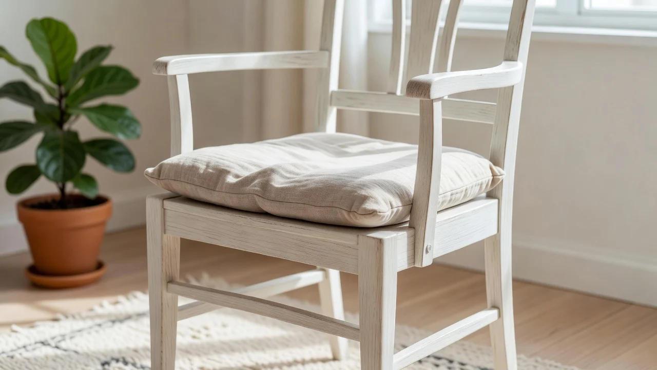 Beyaza boyanmış keten minderli vintage sandalye