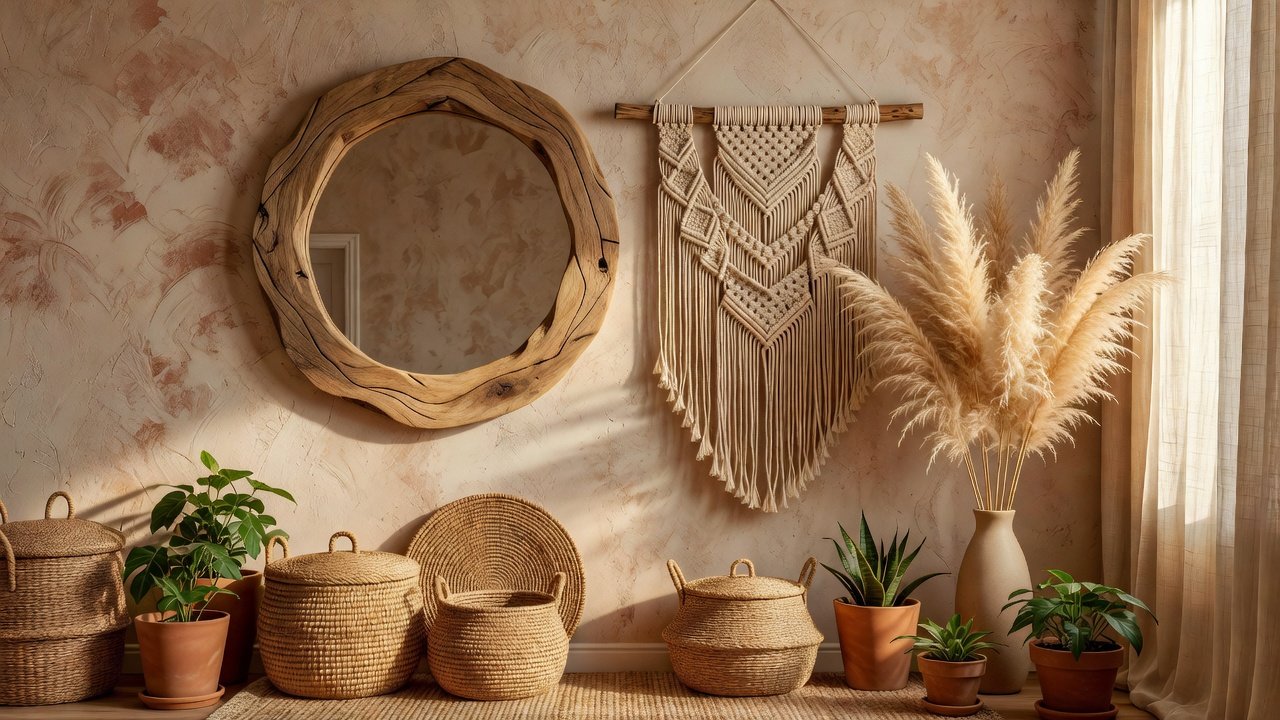 Yuvarlak ahşap ayna ve makrome süslerle düzenlenmiş boho antre