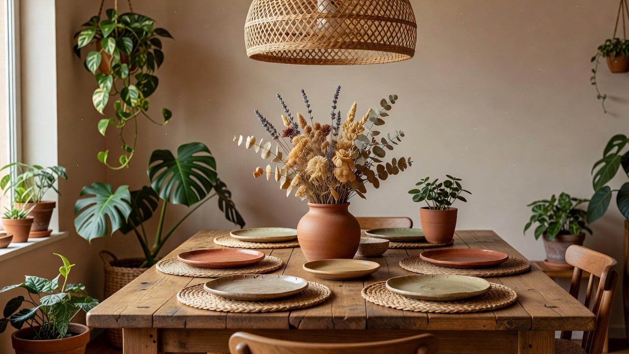 Rattan avize ve hasır detayları olan boho yemek köşesi