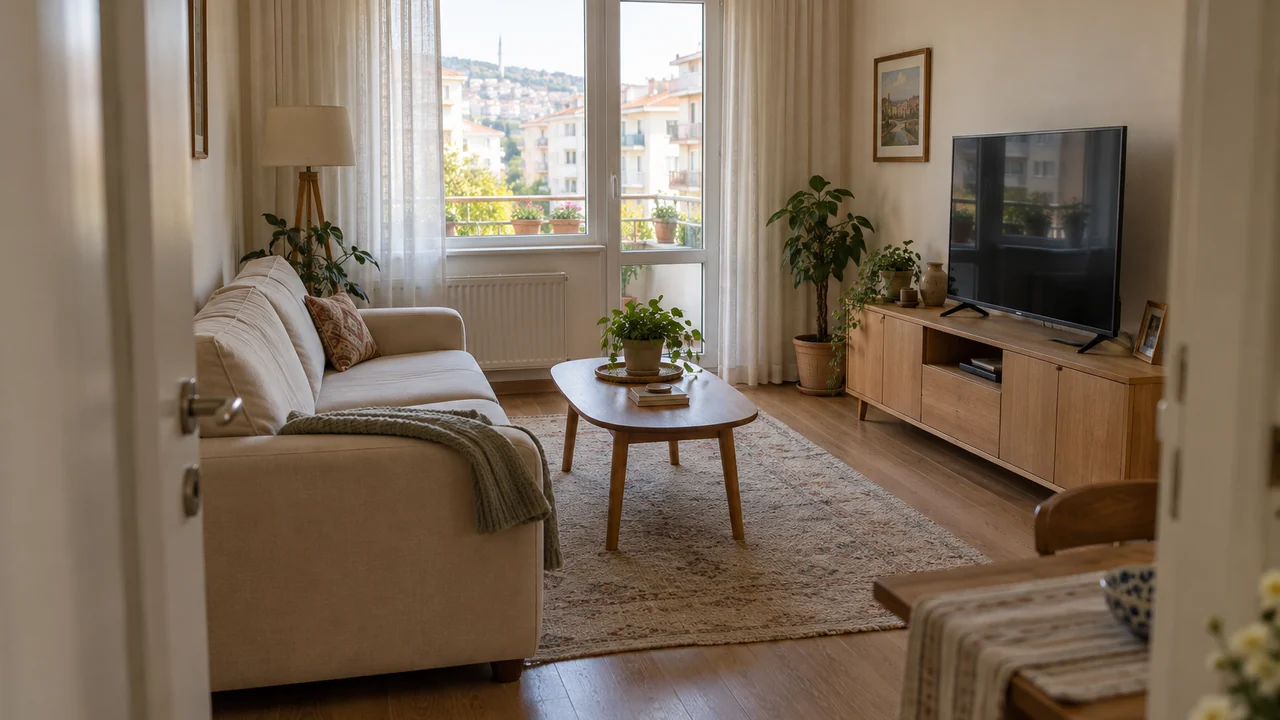 Kabloları geçiş alanından kaldırılmış, alçak ahşap TV üniteli salon