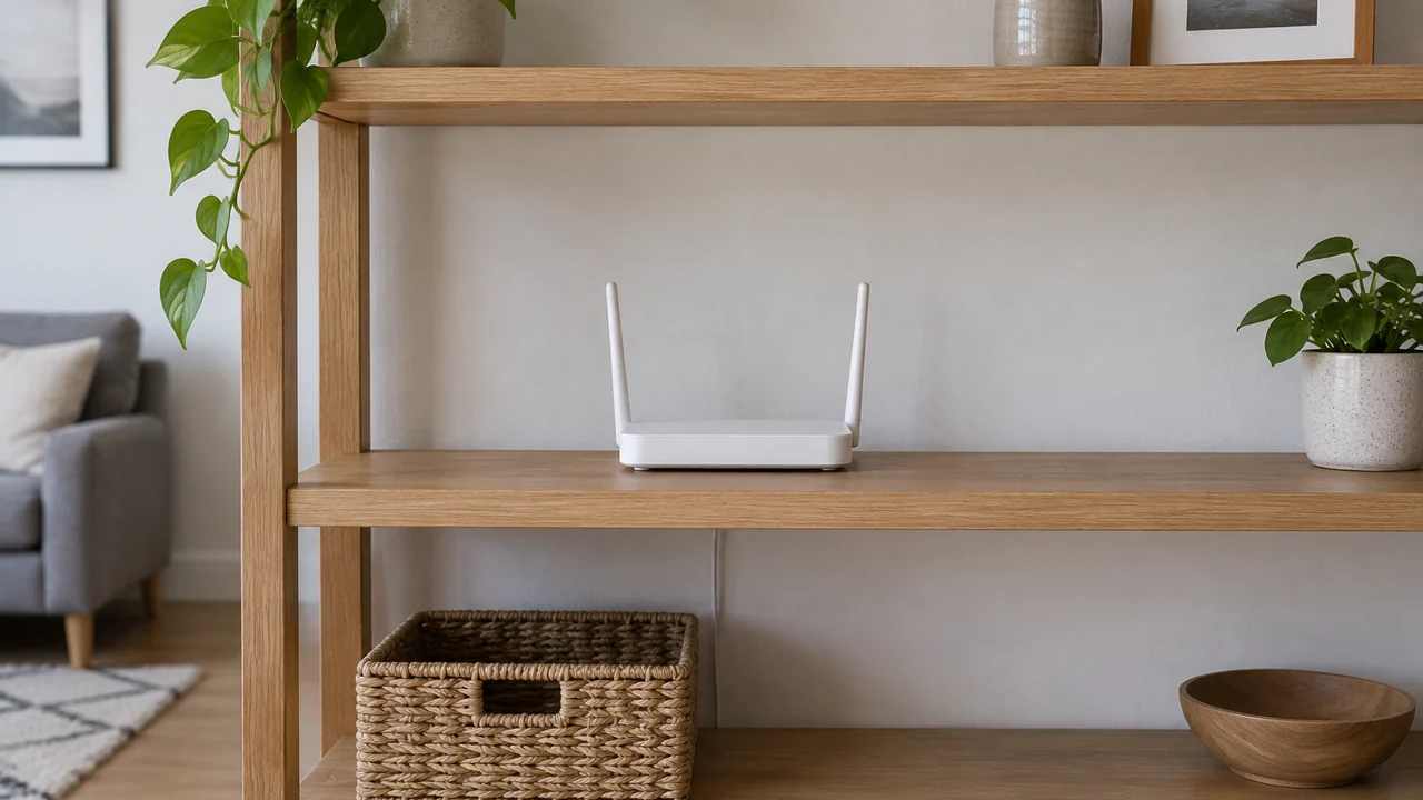 Çevresi boş bırakılmış açık ahşap rafta duran beyaz modem